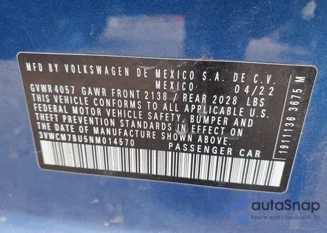 2022 Volkswagen Jetta 1.5T S из США, поврежденный, VIN 3VWCM7BU5NM014570